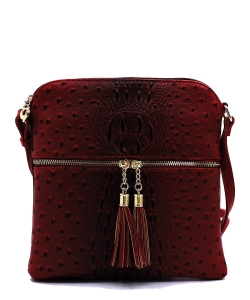 Ostrich Croc Zip Tassel Crossbody Bag OS062 WINE
